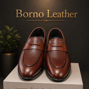 Borno Leather Croc-Textured Penny Loafers