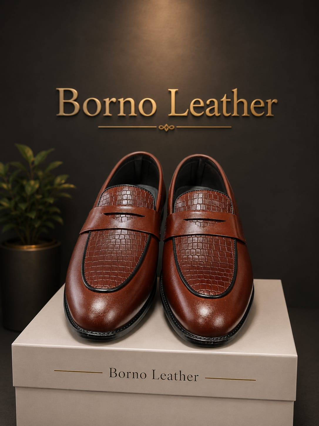 Borno Leather Croc-Textured Penny Loafers