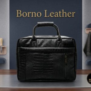 Borno Leather Croc-Textured Executive Briefcase – Black